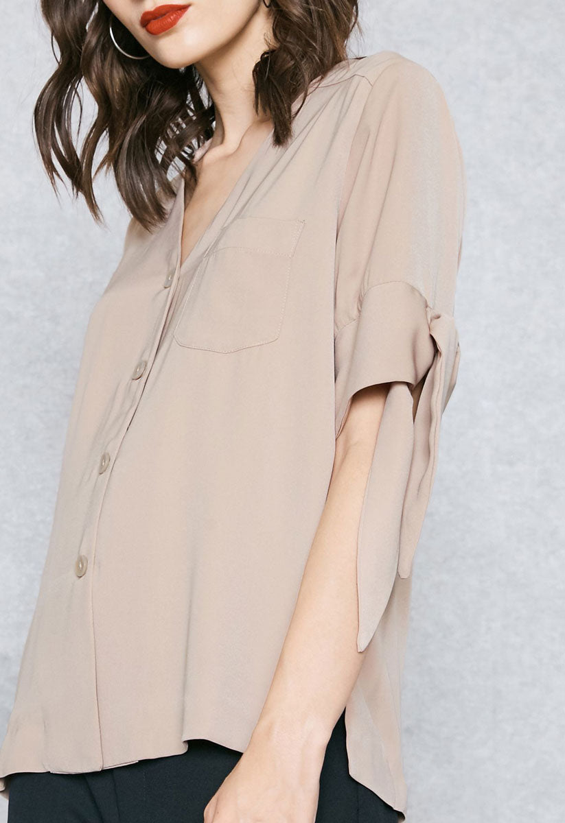 Latte V Neck Blouse with Short Tie Sleeve Detail