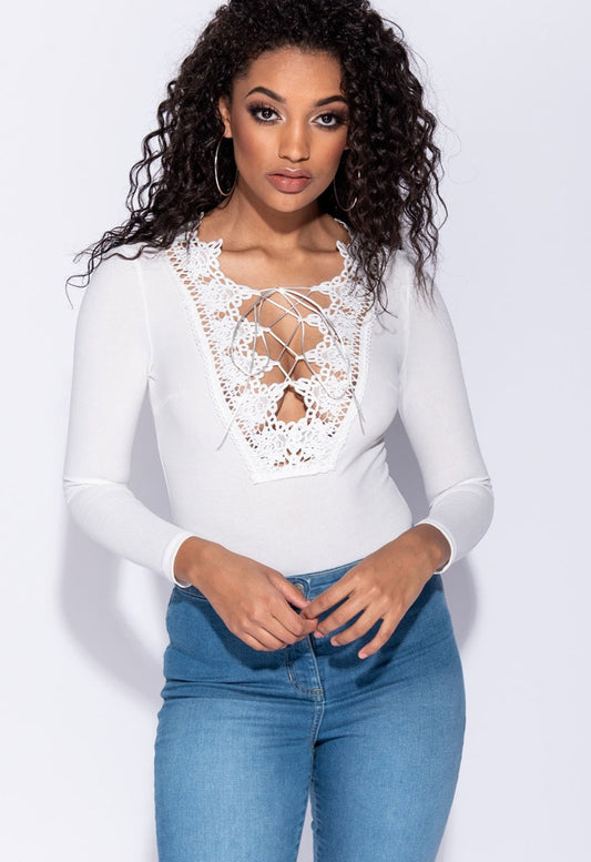 Lace Up Front Crochet Trim Long Sleeve Bodysuit