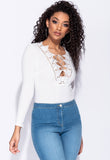 Lace Up Front Crochet Trim Long Sleeve Bodysuit