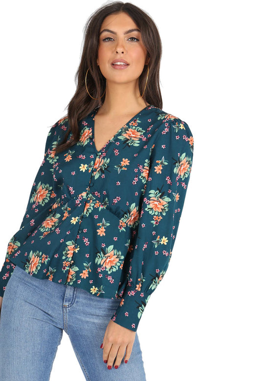 Green Floral Button Down Smock Blouse