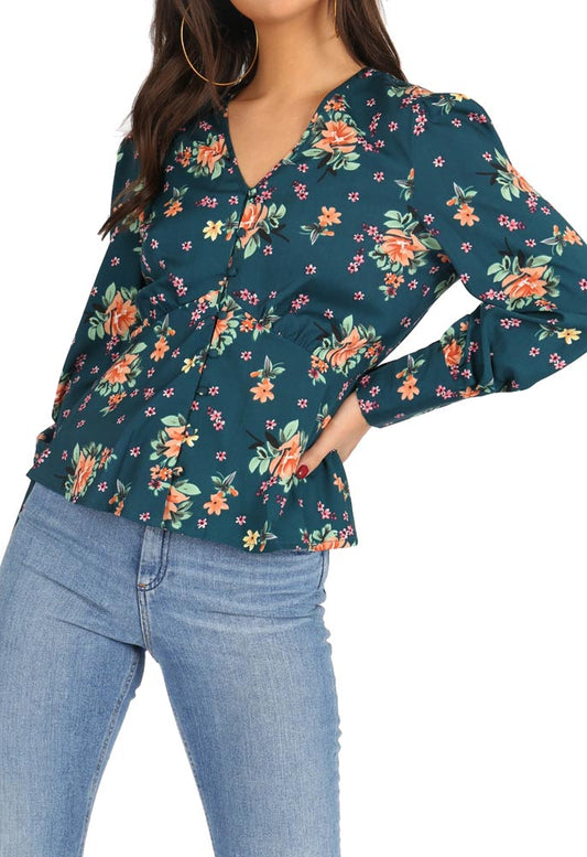 Green Floral Button Down Smock Blouse