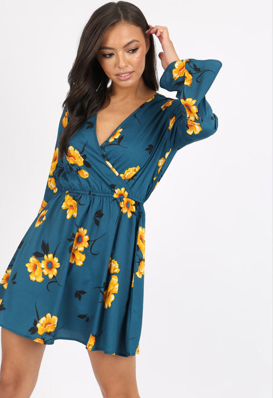 Teal Floral Flute Sleeve Mini Skater Dress