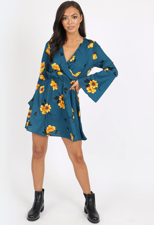 Teal Floral Flute Sleeve Mini Skater Dress