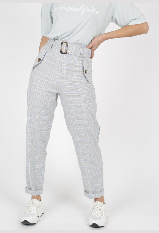 Grey Pastel Check Trouser with Mockhorn Buckle Detail