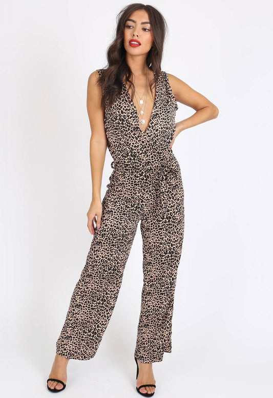 Leopard Print Sleeveless Wrap Jumpsuit