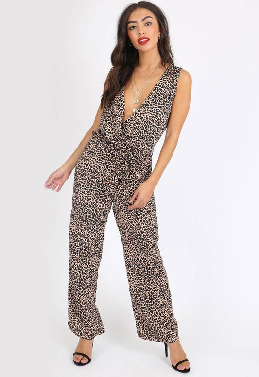 Leopard Print Sleeveless Wrap Jumpsuit