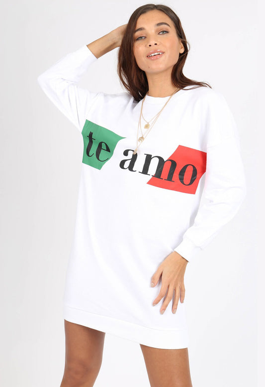 White Te Amo Long Sleeve Slogan Sweat Dress