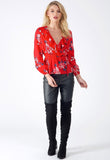 Red Floral Ruffle Detail Wrap  Blouse Top