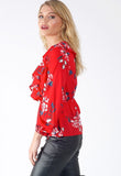 Red Floral Ruffle Detail Wrap  Blouse Top