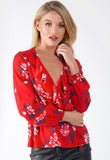 Red Floral Ruffle Detail Wrap  Blouse Top