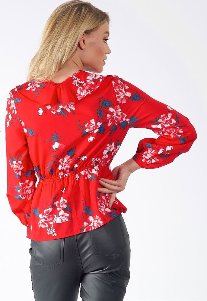 Red Floral Ruffle Detail Wrap  Blouse Top