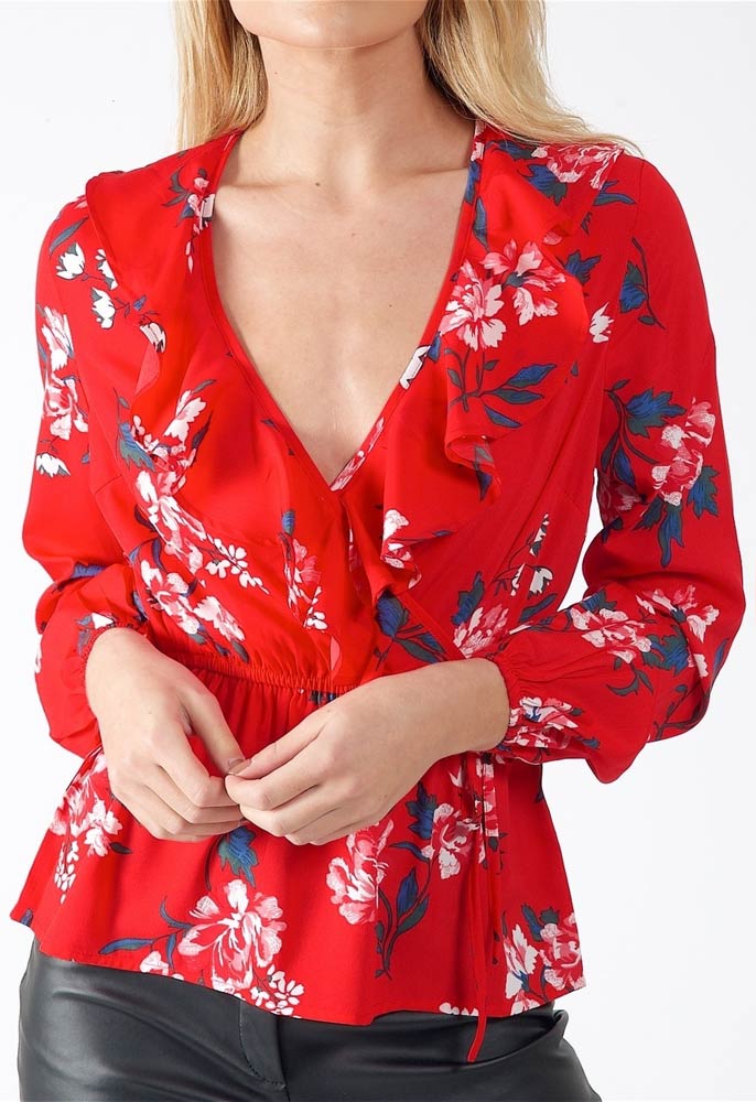 Red Floral Ruffle Detail Wrap  Blouse Top