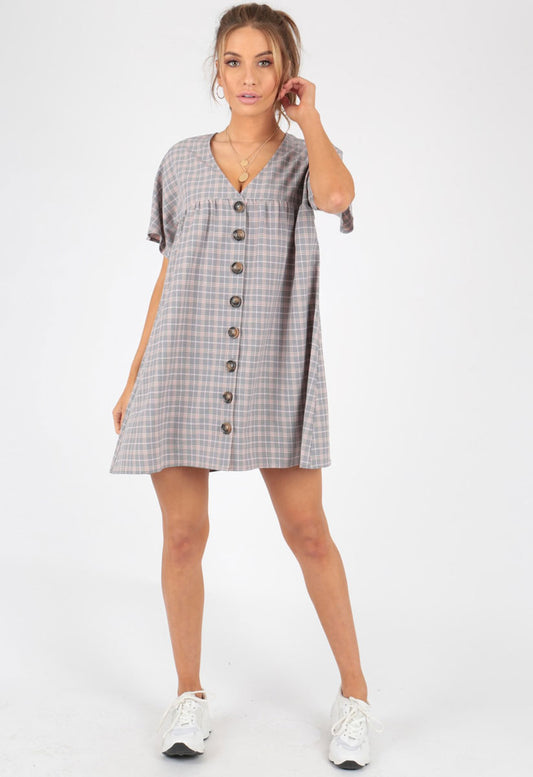 Grey Checked Mock Horn Button Mini Smock Dress