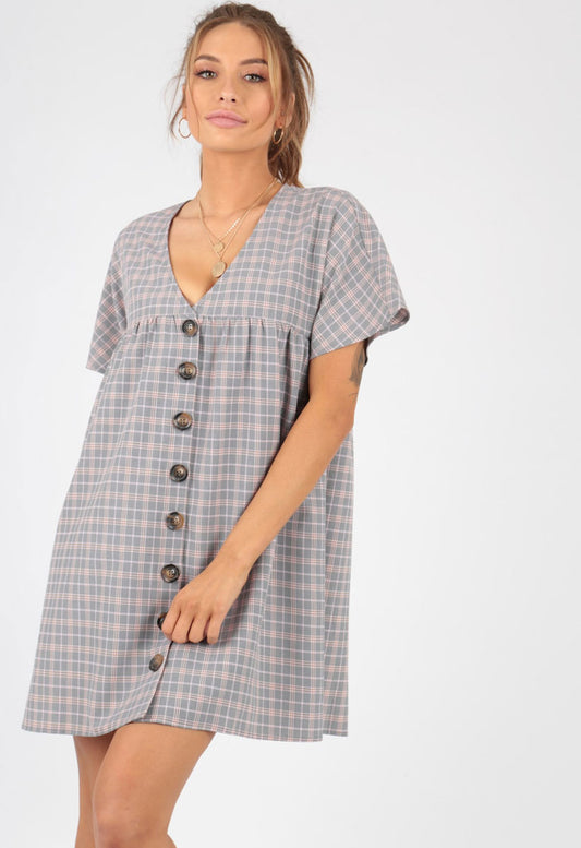 Grey Checked Mock Horn Button Mini Smock Dress