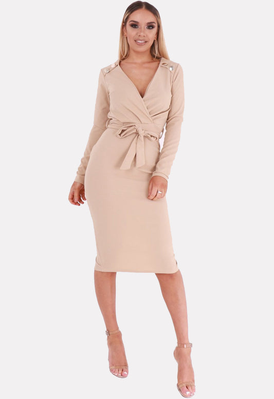 Stone Button Detail Wrap Midi Dress