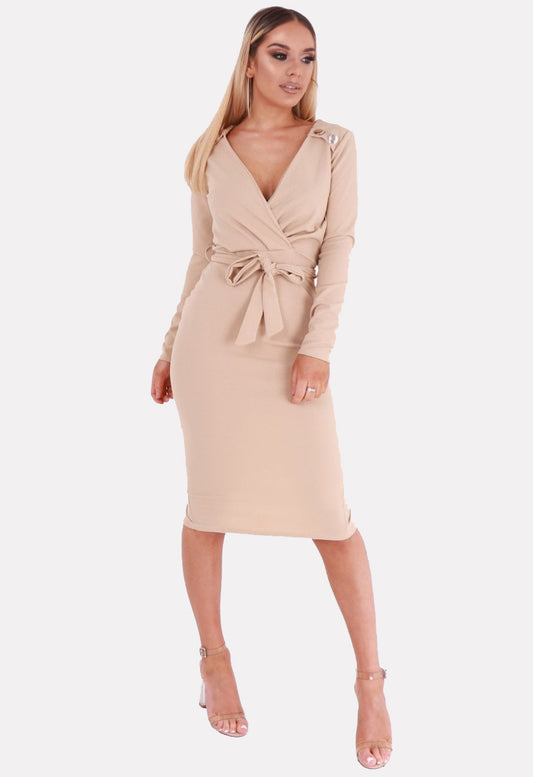 Stone Button Detail Wrap Midi Dress