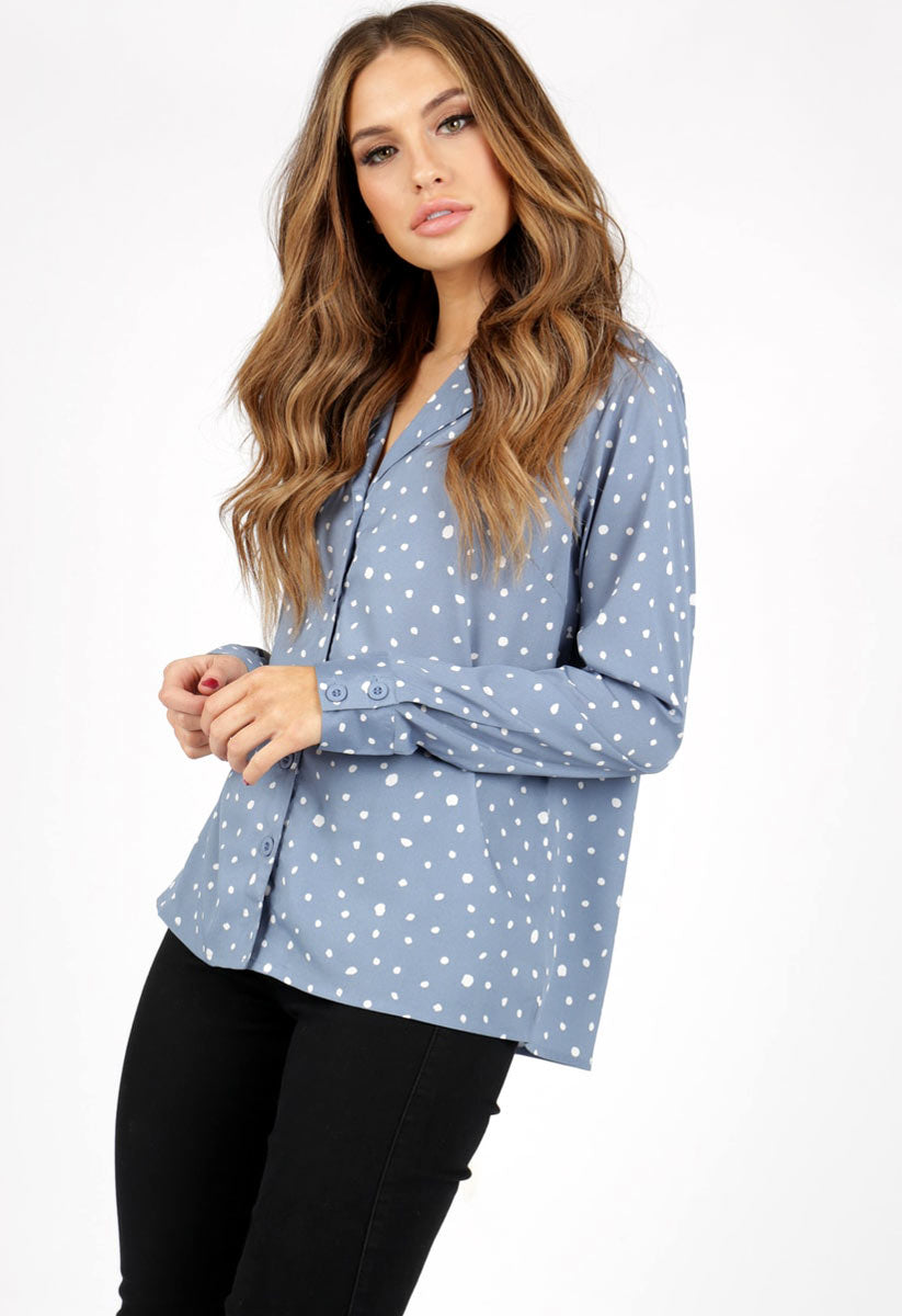 Blue Collared Irregular Spot Pyjama Shirt