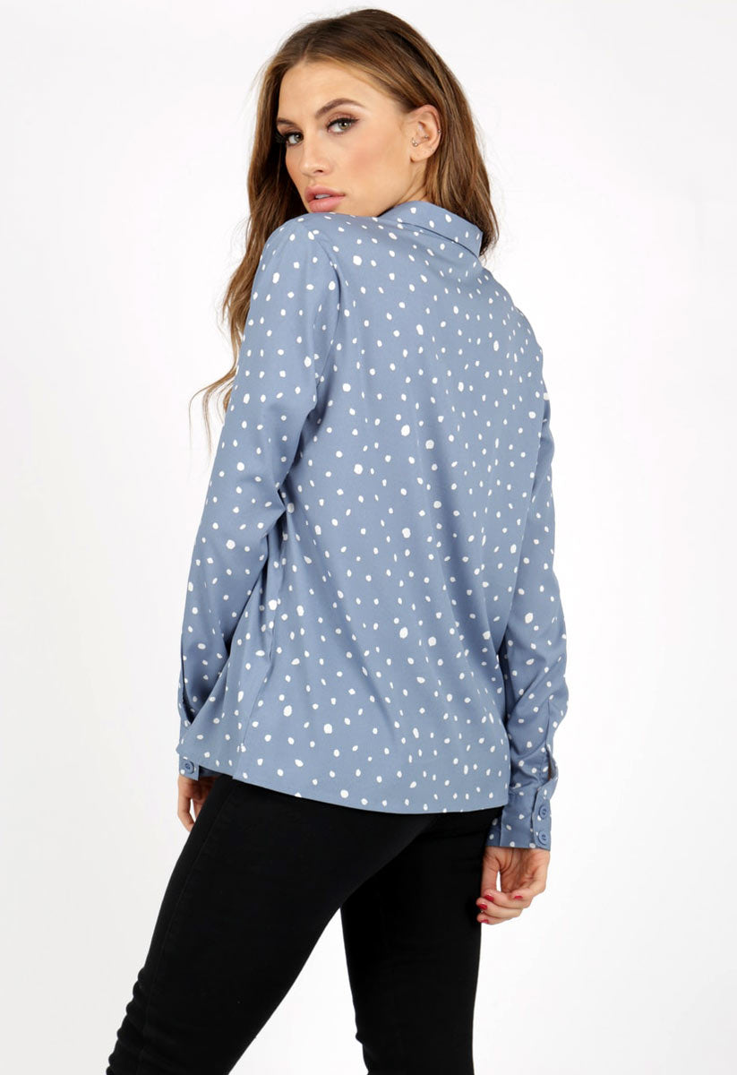 Blue Collared Irregular Spot Pyjama Shirt