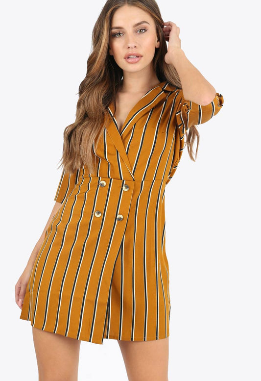 Mustard Stripe Mock Horn Button Mini Dress