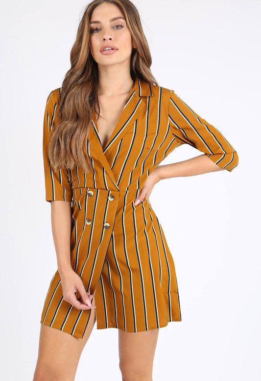 Mustard Stripe Mock Horn Button Mini Dress