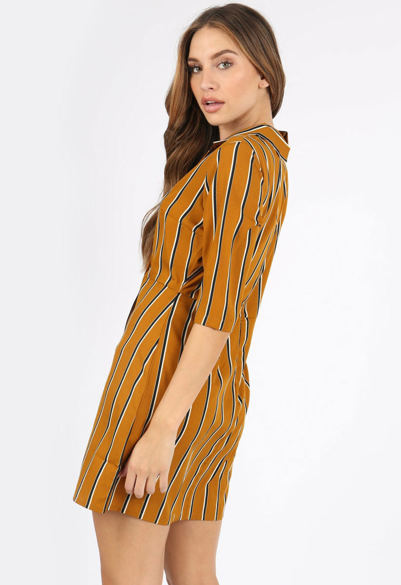 Mustard Stripe Mock Horn Button Mini Dress