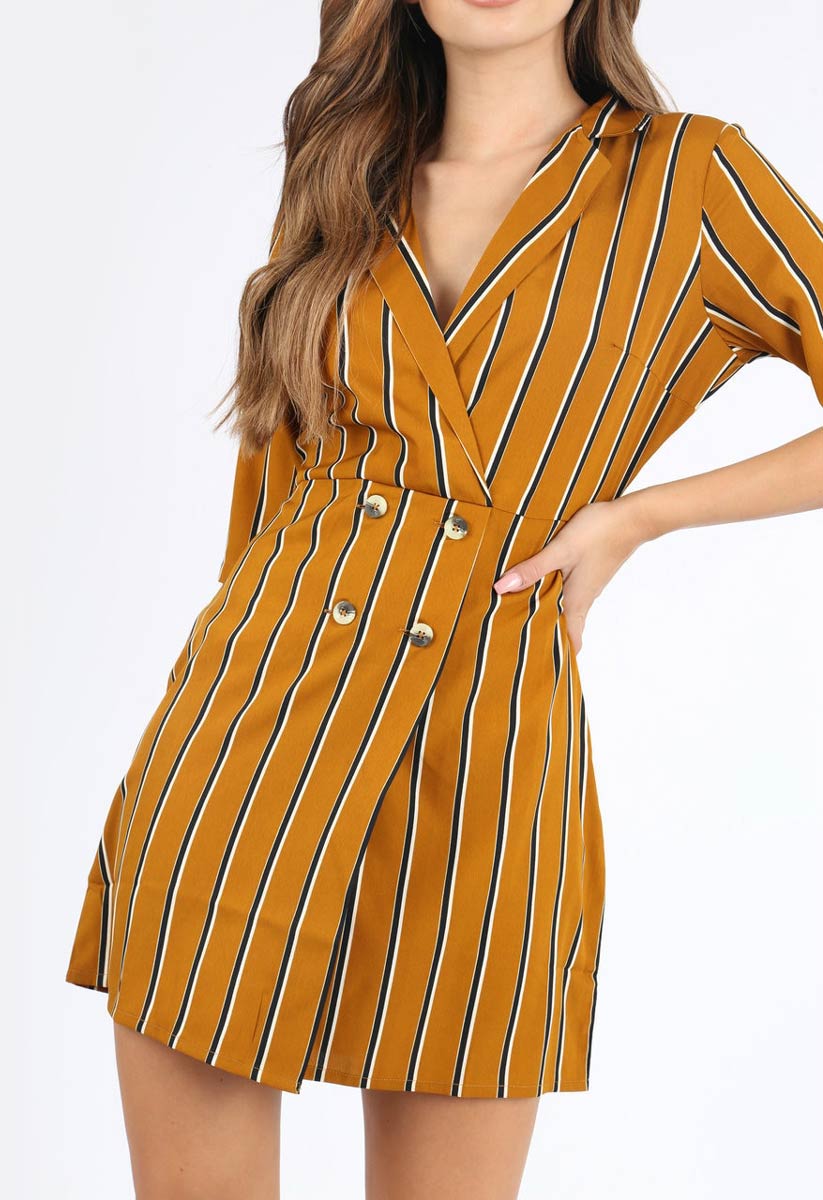 Mustard Stripe Mock Horn Button Mini Dress