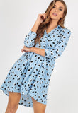 Blue Abstract Animal Print Dipped Hem Shirt Dress