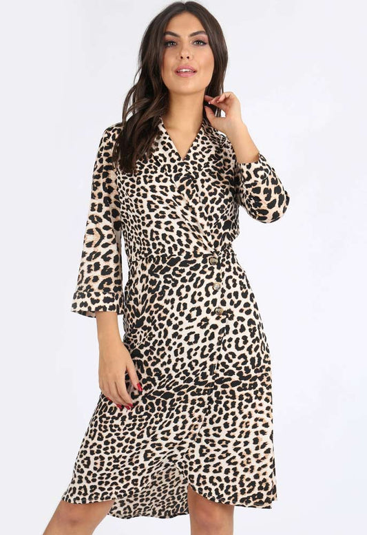 Leopard Print Side Button Midi Dress