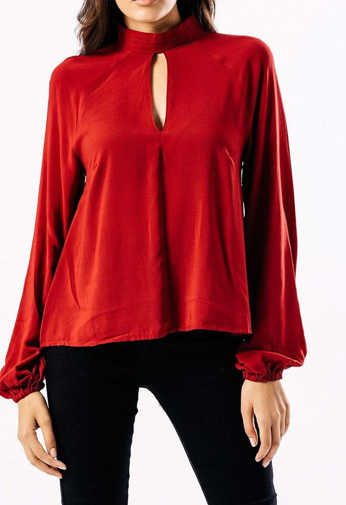 Wine Keyhole Blouse With Puff Sleeve