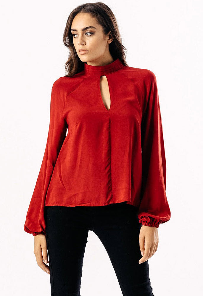 Wine Keyhole Blouse With Puff Sleeve