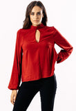 Wine Keyhole Blouse With Puff Sleeve