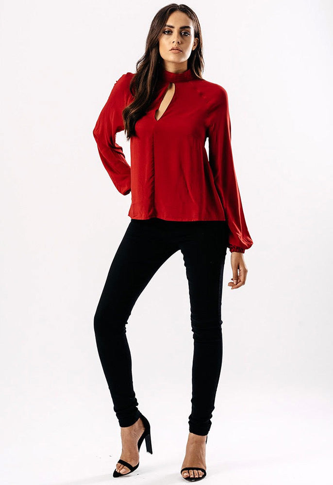 Wine Keyhole Blouse With Puff Sleeve