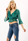 Green Ruffle Polka Dot Wrap Crop Blouse Top