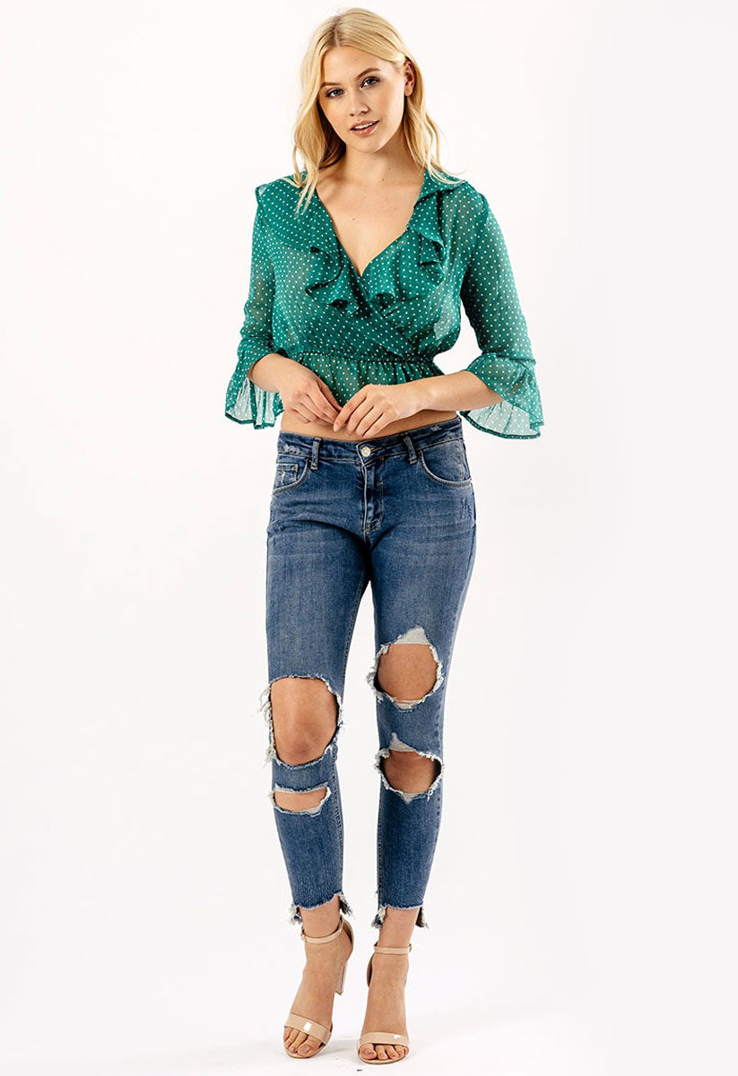 Green Ruffle Polka Dot Wrap Crop Blouse Top