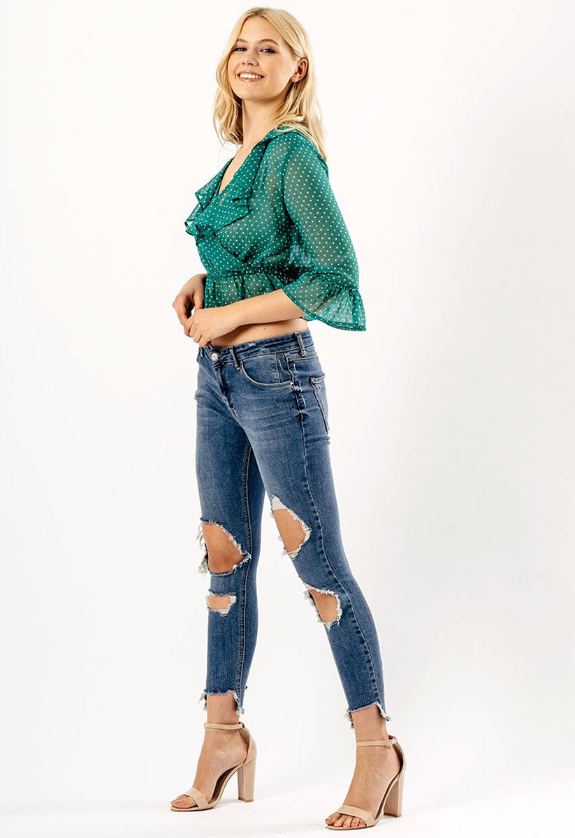 Green Ruffle Polka Dot Wrap Crop Blouse Top