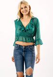 Green Ruffle Polka Dot Wrap Crop Blouse Top