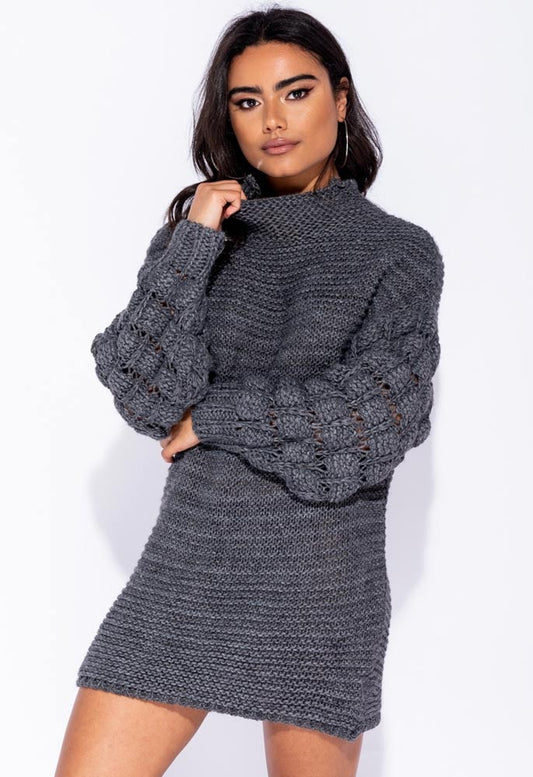 Charcoal High Neck Full Sleeve Jumper Dress