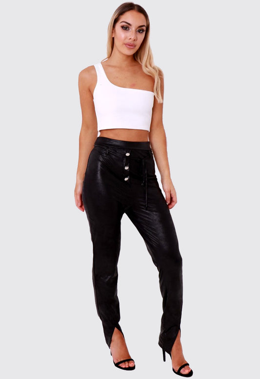 Black PU Button Front Split Leg Trousers