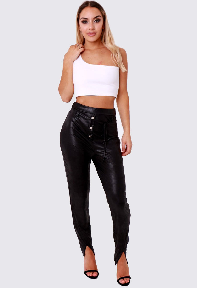 Black PU Button Front Split Leg Trousers