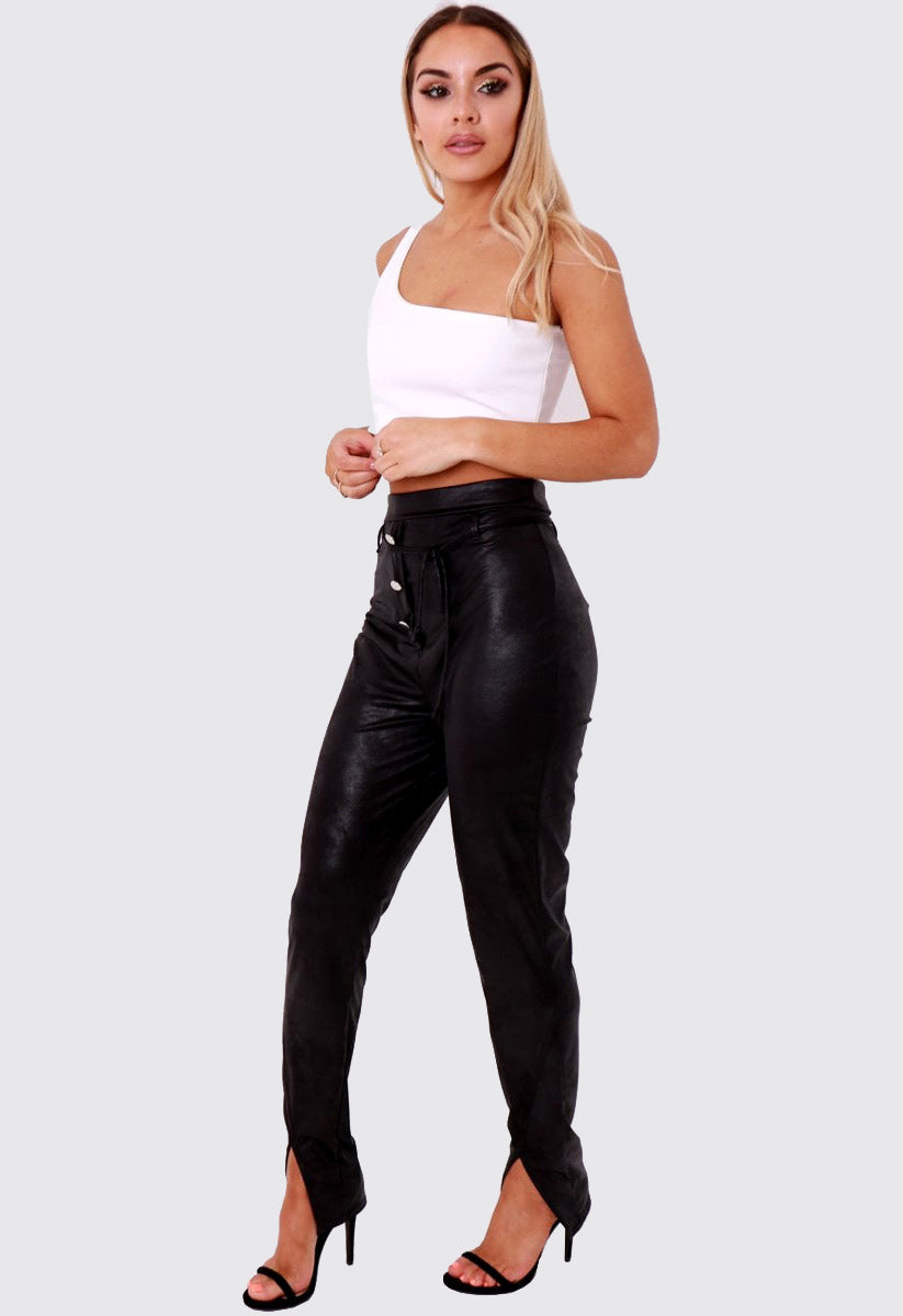 Black PU Button Front Split Leg Trousers