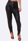 Black PU Button Front Split Leg Trousers