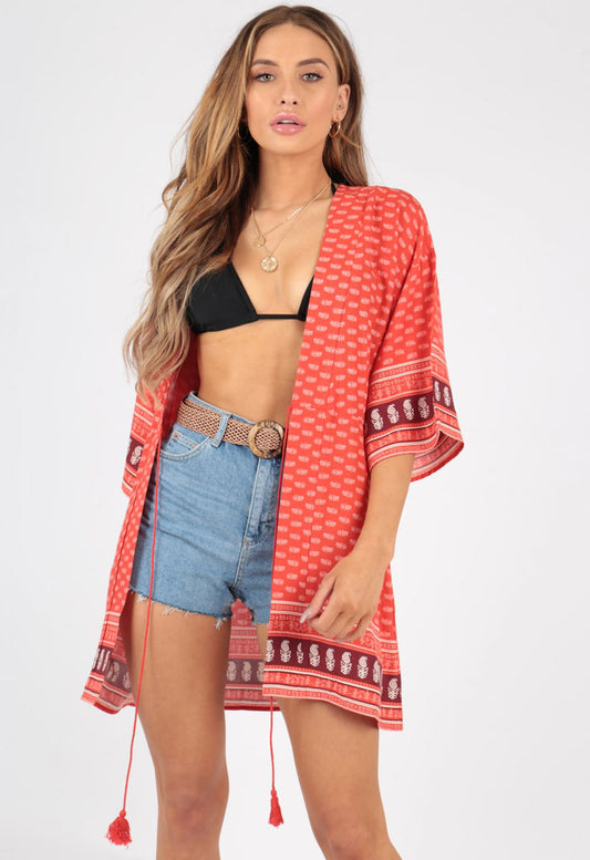 Paisley Border Print Kimono With Tassels