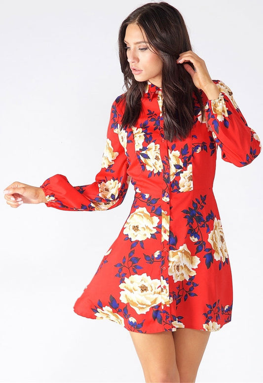 Red Floral Full Sleeve Mini Shirt Dress