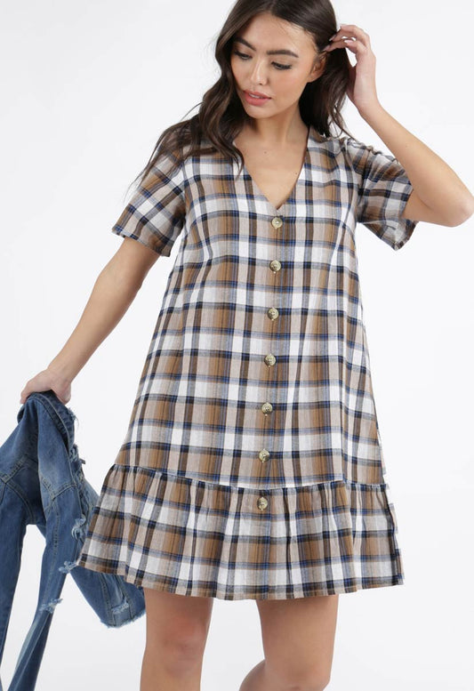 Brown Check Button Down Frill Hem Mini Smock Dress