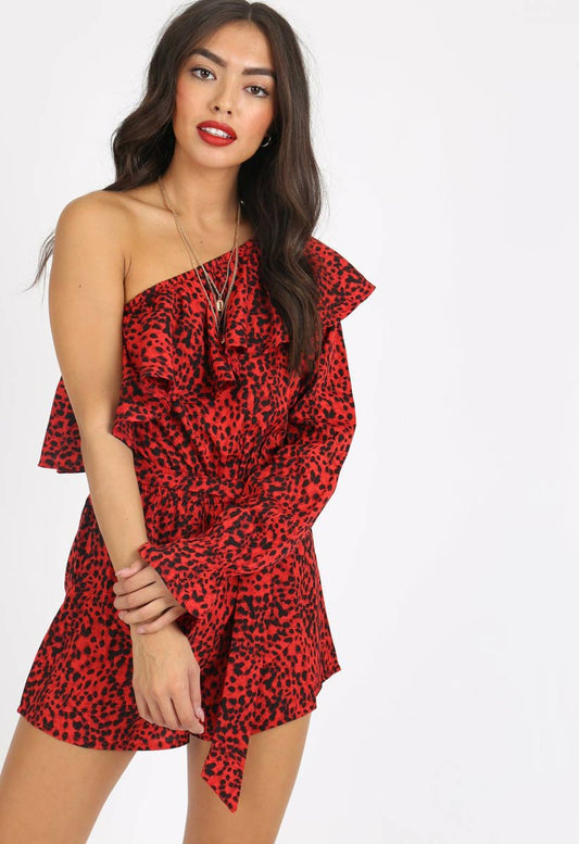 Red Animal Print One Shoulder Ruffle Playsuit