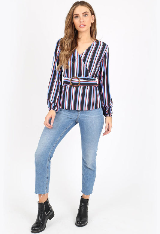 Multi Stripe Wrap Belt Detail Blouse Top