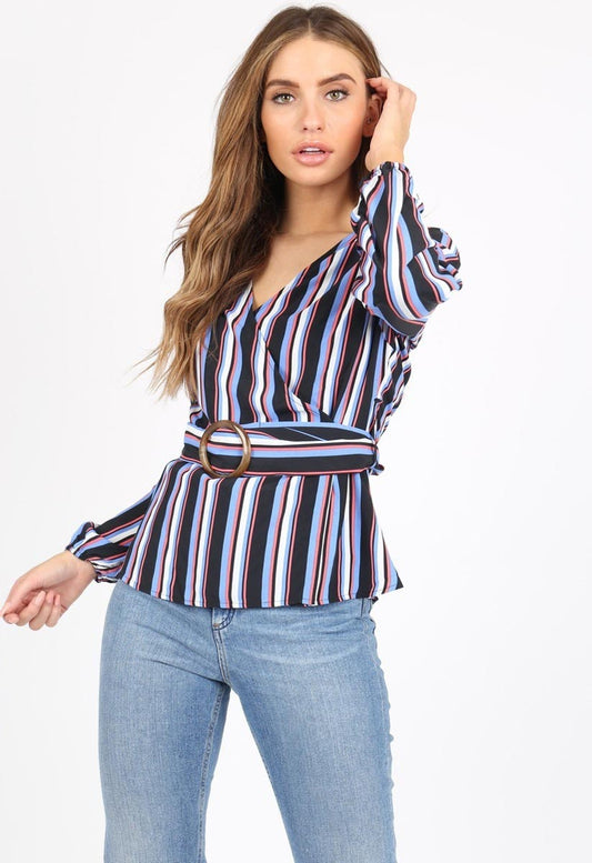 Multi Stripe Wrap Belt Detail Blouse Top