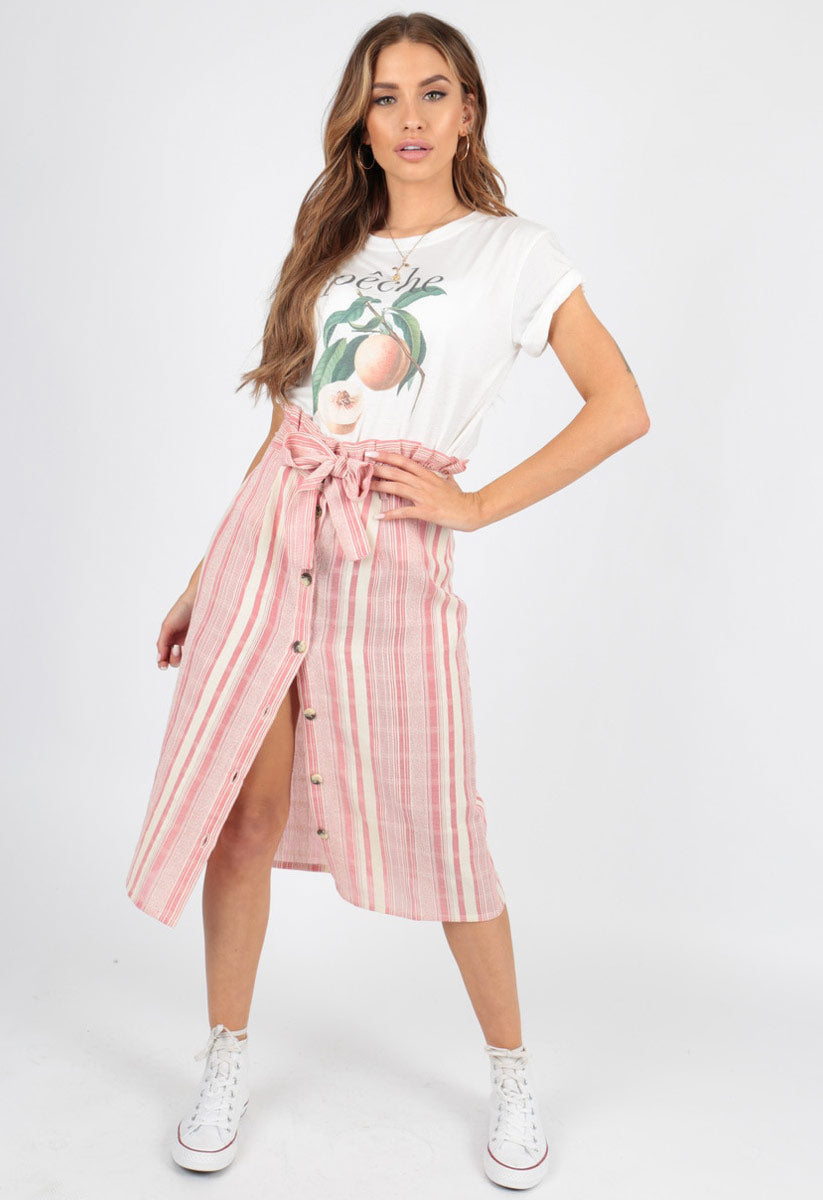 Stripe Cotton Paperbag Waist Midi Skirt