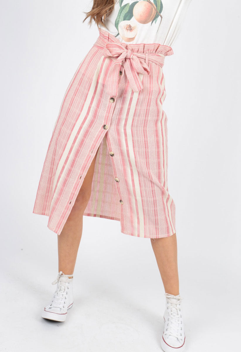 Stripe Cotton Paperbag Waist Midi Skirt