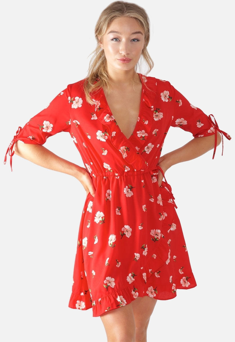 Red Floral Wrap Mini Frill Dress